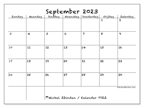 Kalender september 2023, 77ZZ. Gratis printbaar schema.