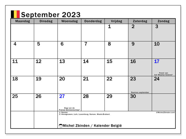 Calendrier septembre 2023, Belgique (NL), prêt à imprimer et gratuit.