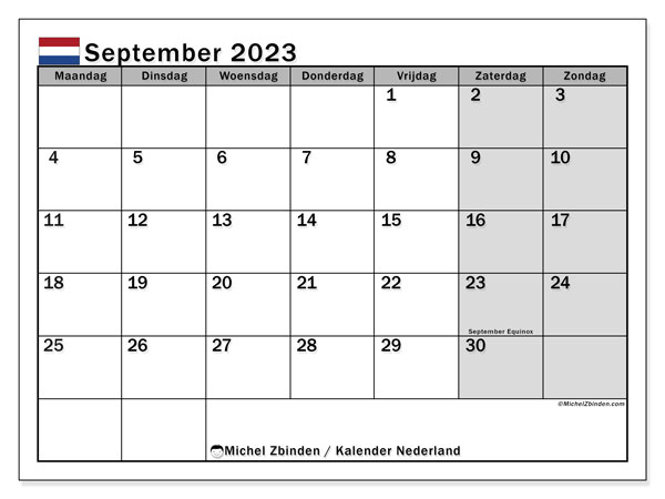 Calendrier septembre 2023, Pays-Bas (NL), prêt à imprimer et gratuit.