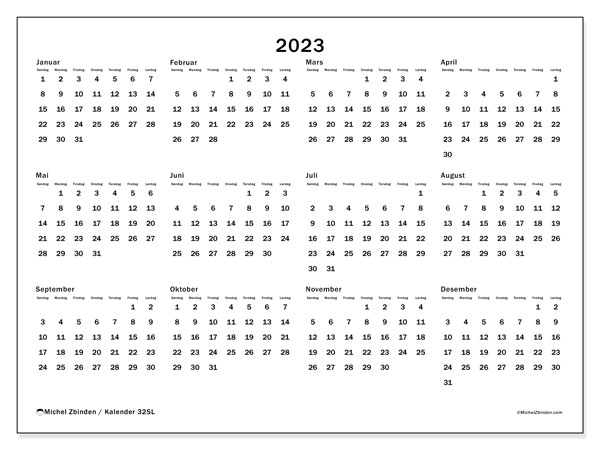 “32SL” kalender for utskrift, med helligdager. 2023 årskalender og gratis plan for utskrift