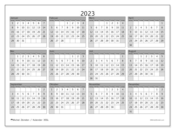 “35SL” kalender for utskrift, med helligdager. 2023 årskalender og gratis tidsplan for utskrift