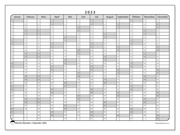 “38SL” kalender for utskrift, med helligdager. 2023 årskalender og tidsplan som skal skrives ut gratis