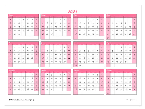 “41SL” kalender for utskrift, med helligdager. 2023 årskalender og gratis utskrivbar tidsplan