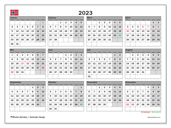 Kalenteri 2023, Norja (NO). Ilmainen tulostettava kalenteri.