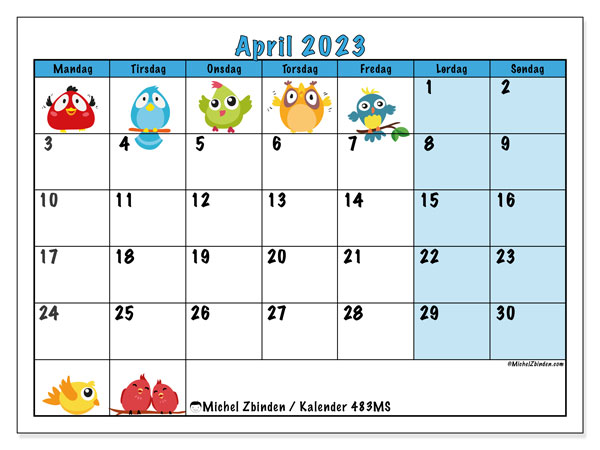 Kalender for utskrift, april 2023, 483MS