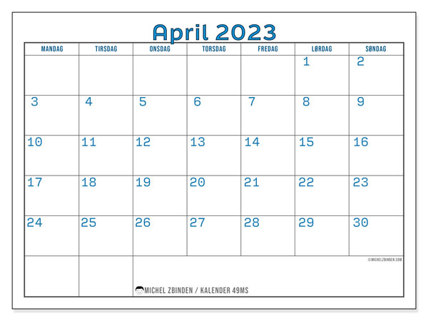 Kalender for utskrift, april 2023, 49MS