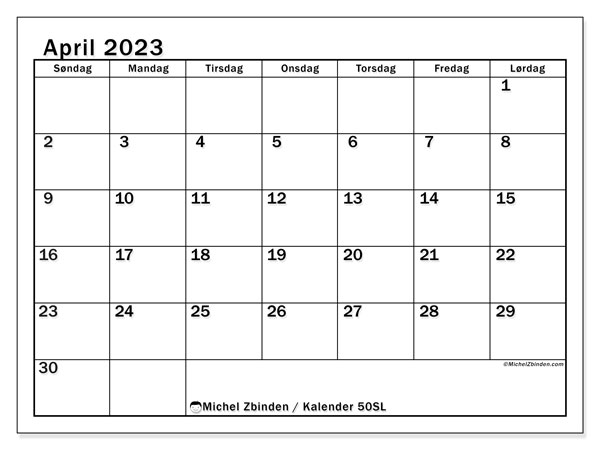 Kalender for utskrift, april 2023, 50SL