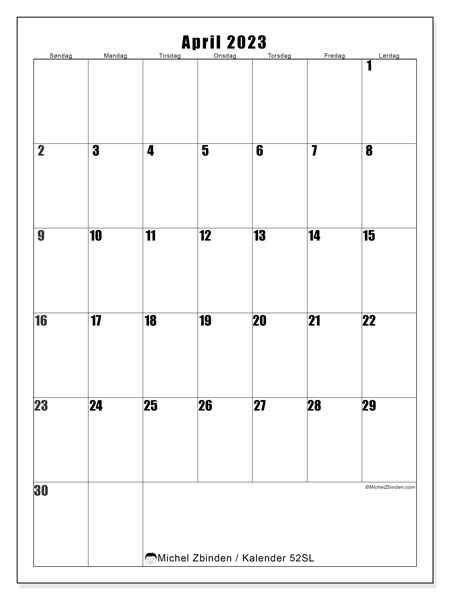 Kalender for utskrift, april 2023, 52SL