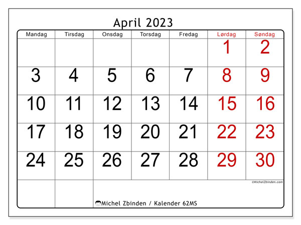 Kalender for utskrift, april 2023, 62MS