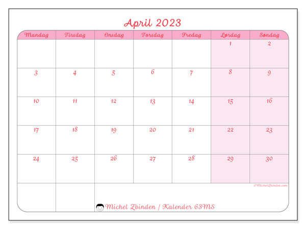 Kalender for utskrift, april 2023, 63MS