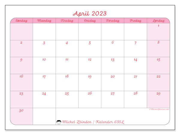 Kalender for utskrift, april 2023, 63SL