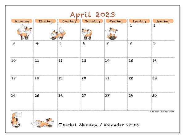 Kalender for utskrift, april 2023, 771MS