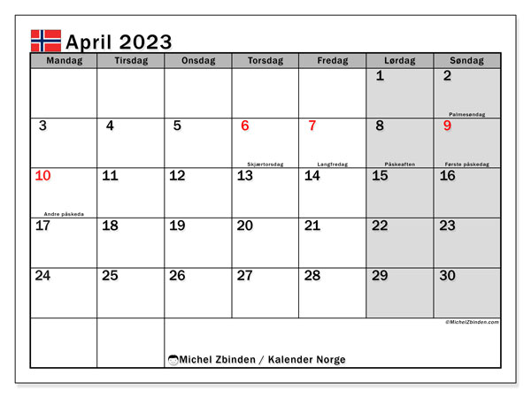 “Norge” kalender for utskrift, med helligdager. April 2023 månedskalender og gratis tidsplan for utskrift.