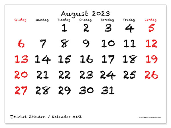 Kalender august 2023, 46SL. Gratis program for utskrift.