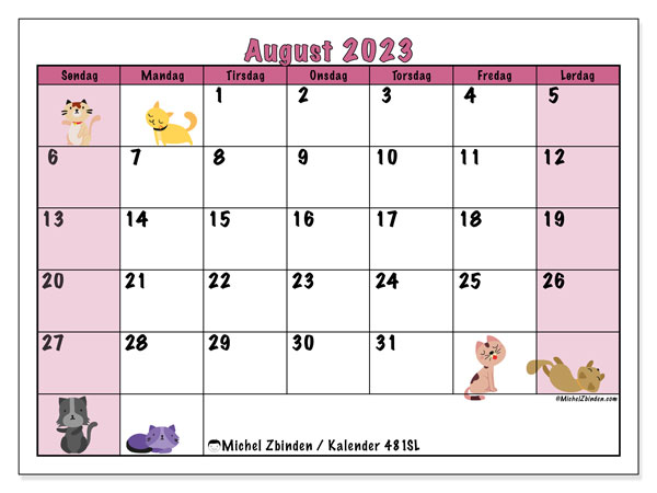 Kalender august 2023, 481SL. Gratis program for utskrift.