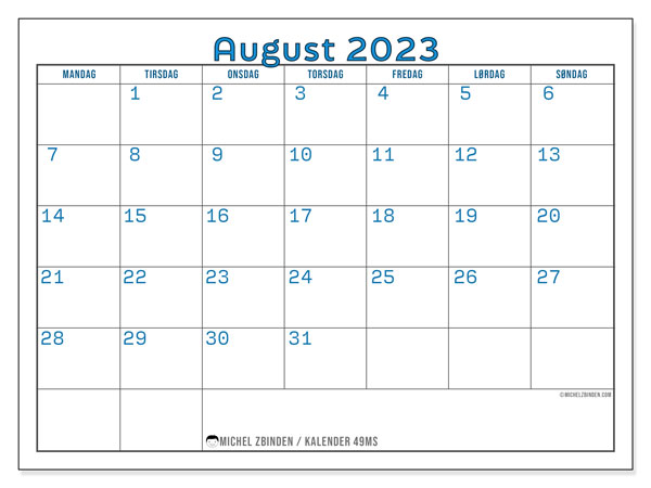 Kalender august 2023, 49MS. Gratis program for utskrift.