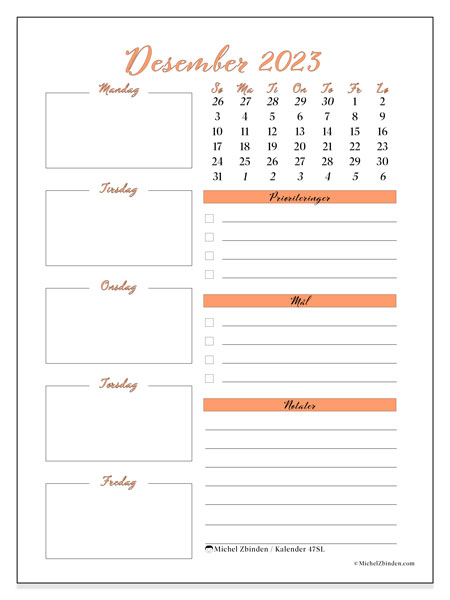Kalender for desember 2023 for utskrift. “44MS” månedskalender og kalender gratis agenda for utskrift