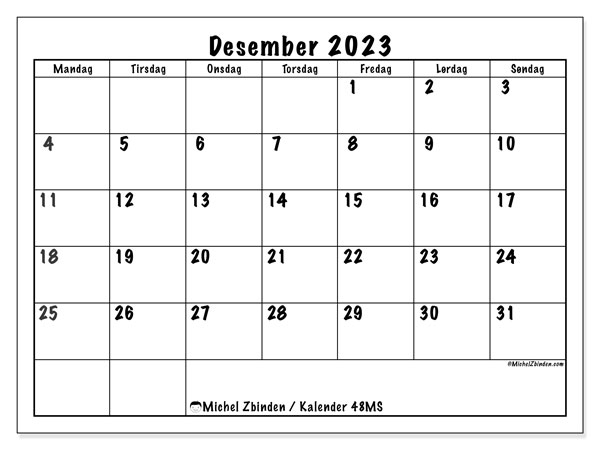 Kalender desember 2023, 48MS. Gratis journal for utskrift.