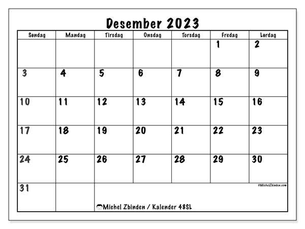 Kalender desember 2023, 48SL. Gratis journal for utskrift.