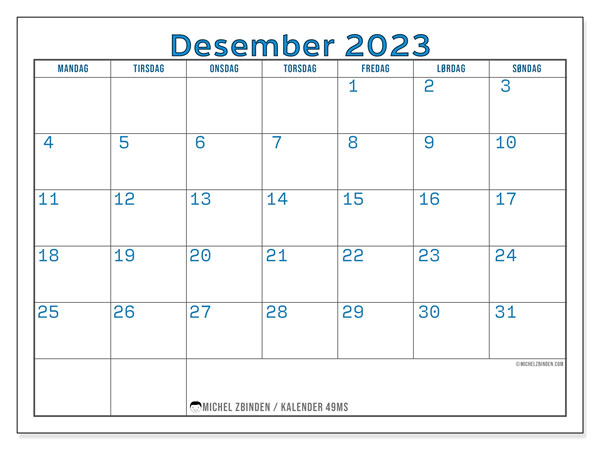 Kalender desember 2023, 49MS. Gratis journal for utskrift.