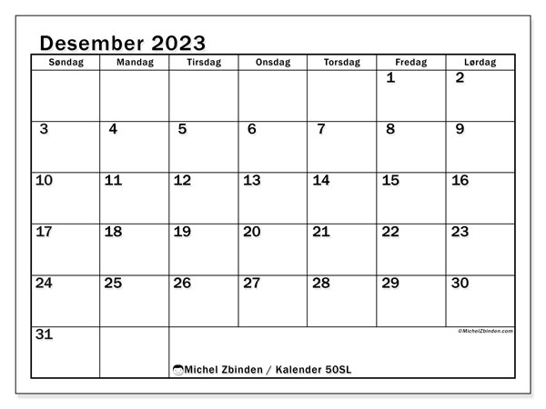 Kalender desember 2023 “50”. Gratis journal for utskrift.. Søndag til lørdag