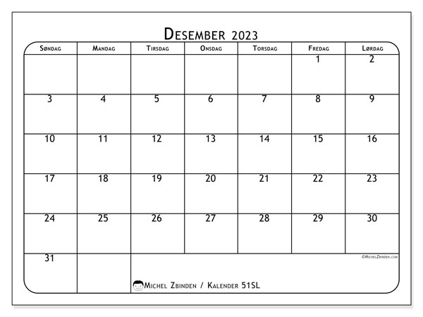 Kalender desember 2023, 51SL. Gratis plan for utskrift.