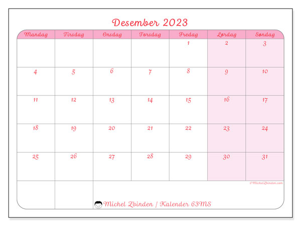 Kalender desember 2023, 63MS. Gratis plan for utskrift.