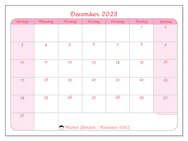 Kalender for utskrift, desember 2023, 63SL