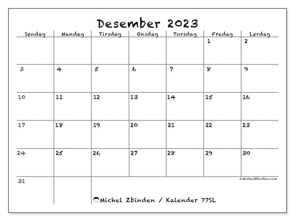 Kalender desember 2023, 77SL. Gratis plan for utskrift.