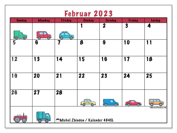 Kalender februar 2023 “484”. Gratis plan for utskrift.. Søndag til lørdag