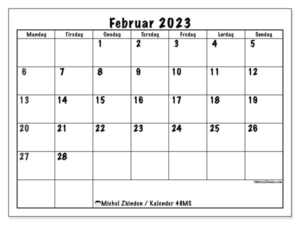 48MS, februar 2023 kalender, til utskrift, gratis.