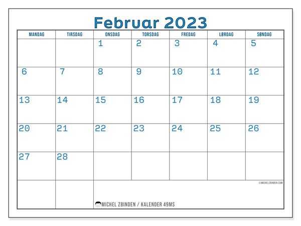 Kalender for utskrift, februar 2023, 49MS