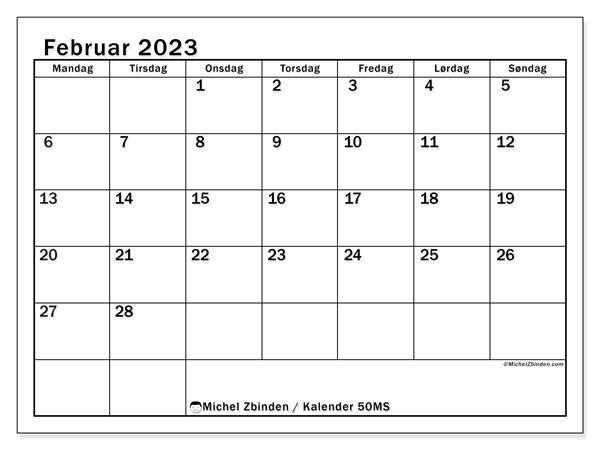 Kalender for utskrift, februar 2023, 50MS