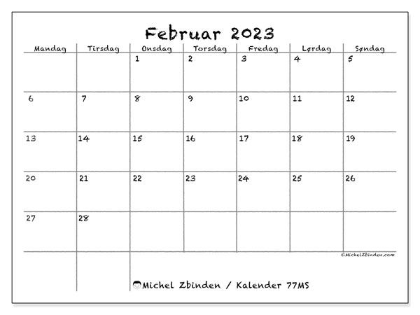 Kalender for februar 2023 for utskrift. “44MS” månedskalender og kalender gratis tidsplan for utskrift