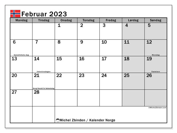 “Norge” kalender for utskrift, med helligdager. Februar 2023 månedskalender og gratis agenda for utskrift.