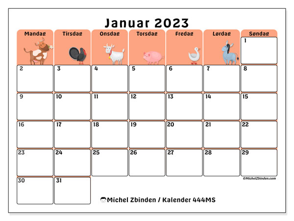 Kalender for januar 2023 for utskrift. “44MS” månedskalender og kalender tidsplan som skal skrives ut gratis