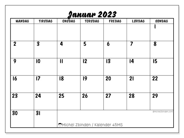 Kalender for januar 2023 for utskrift. “44MS” månedskalender og kalender agenda som skal skrives ut gratis