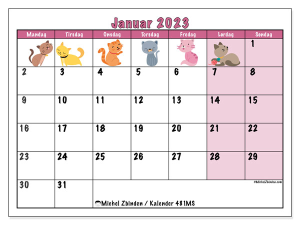 Kalender for utskrift, januar 2023, 481MS