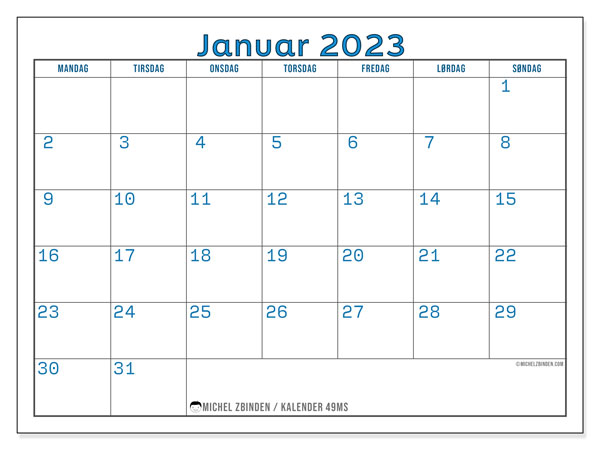 Kalender for utskrift, januar 2023, 49MS