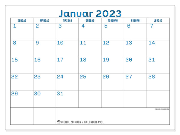 Kalender for utskrift, januar 2023, 49SL