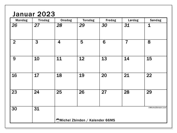 Kalender for utskrift, januar 2023, 501MS