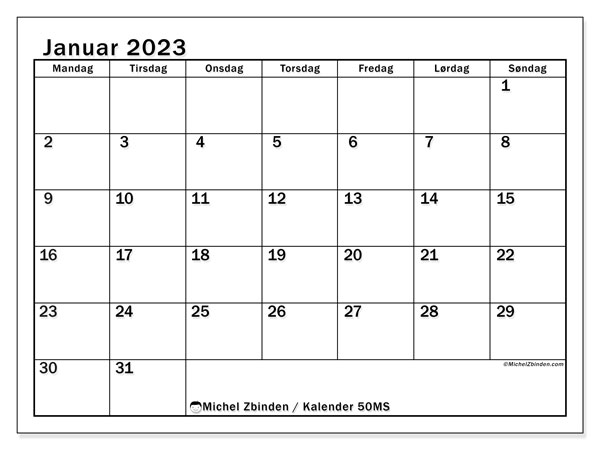50MS, januar 2023 kalender, til utskrift, gratis.