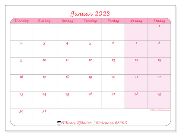 Kalender for januar 2023 for utskrift. “44MS” månedskalender og kalender gratis tidsplan for utskrift