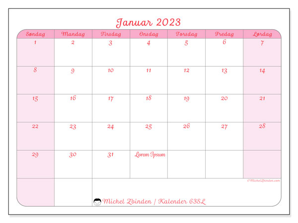 Kalender for utskrift, januar 2023, 63SL