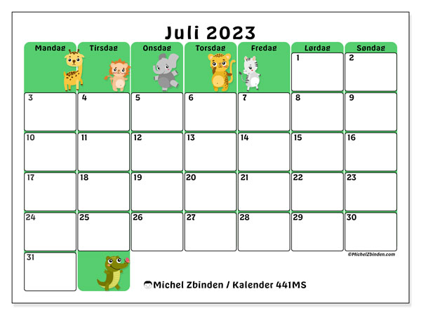 Kalender for juli 2023 for utskrift. “44MS” månedskalender og kalender tidsplan som skal skrives ut gratis
