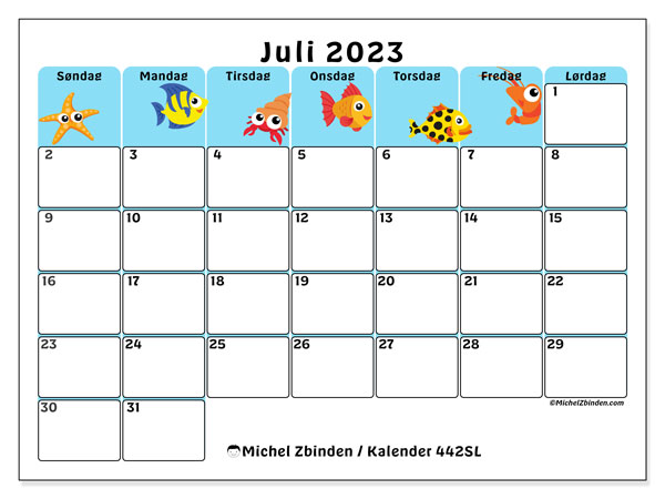 Kalender juli 2023 “442”. Gratis kalender for utskrift.. Søndag til lørdag