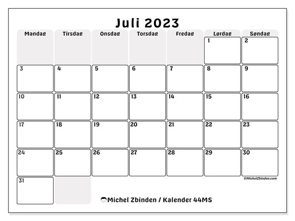 Kalender for juli 2023 for utskrift. “44MS” månedskalender og kalender gratis utskrivbar tidsplan