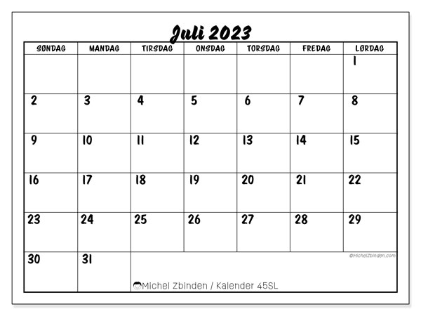 Kalender juli 2023, 45SL. Gratis kalender for utskrift.