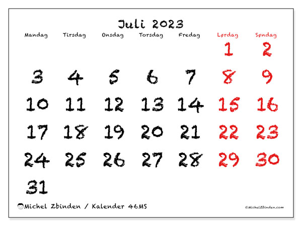 Kalender for juli 2023 for utskrift. “44MS” månedskalender og kalender gratis utskrivbar tidsplan