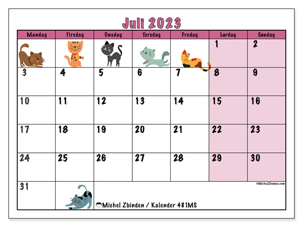 Kalender for juli 2023 for utskrift. “44MS” månedskalender og kalender gratis utskrivbar agenda
